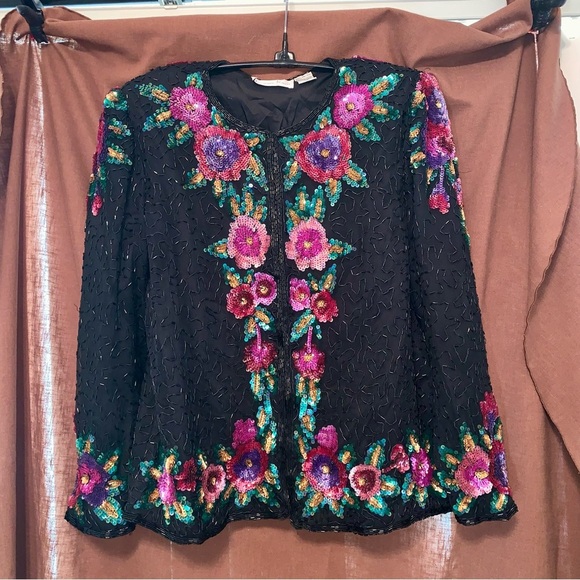Vintage Beaded & Sequins Floral Design Cardigan Jacket size PL Petite Large - Picture 1 of 8